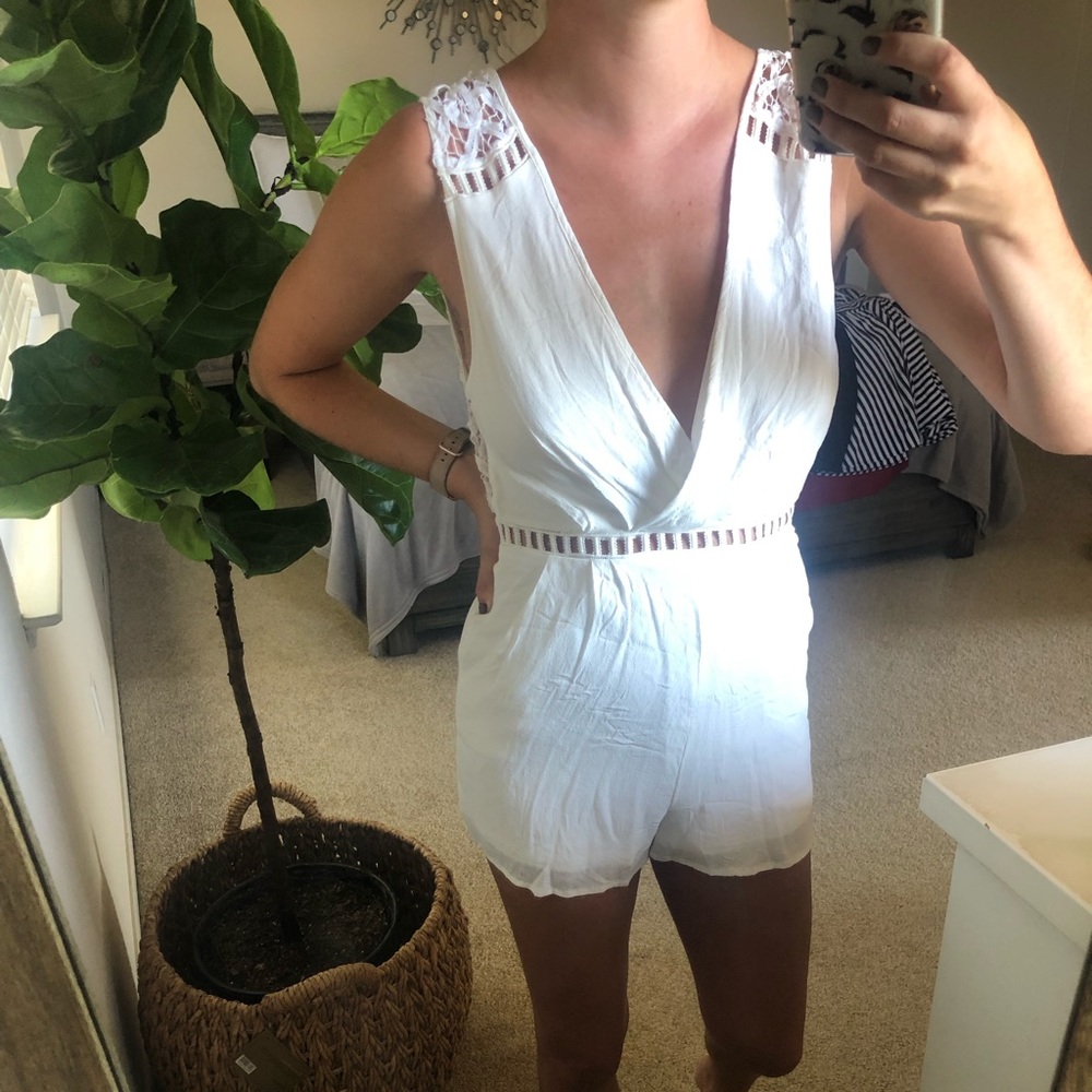 White Lace Detail Deep V Neck Romper S Boho Bridal Shower Summer Festival
